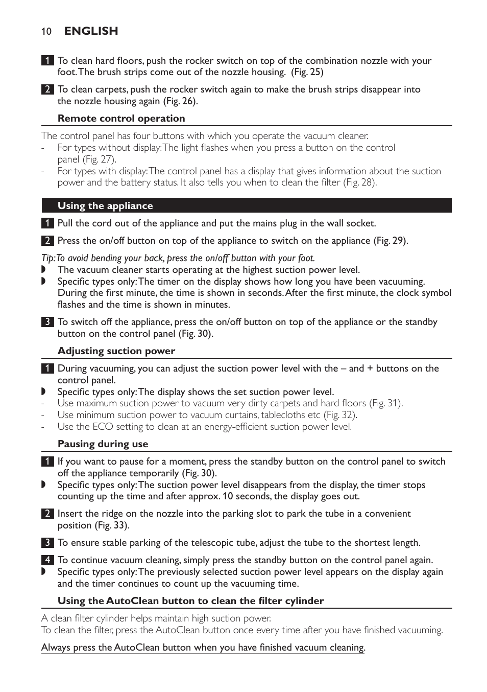 Remote control operation, Using the appliance, Adjusting suction power | Pausing during use | Philips FC9264 User Manual | Page 10 / 184