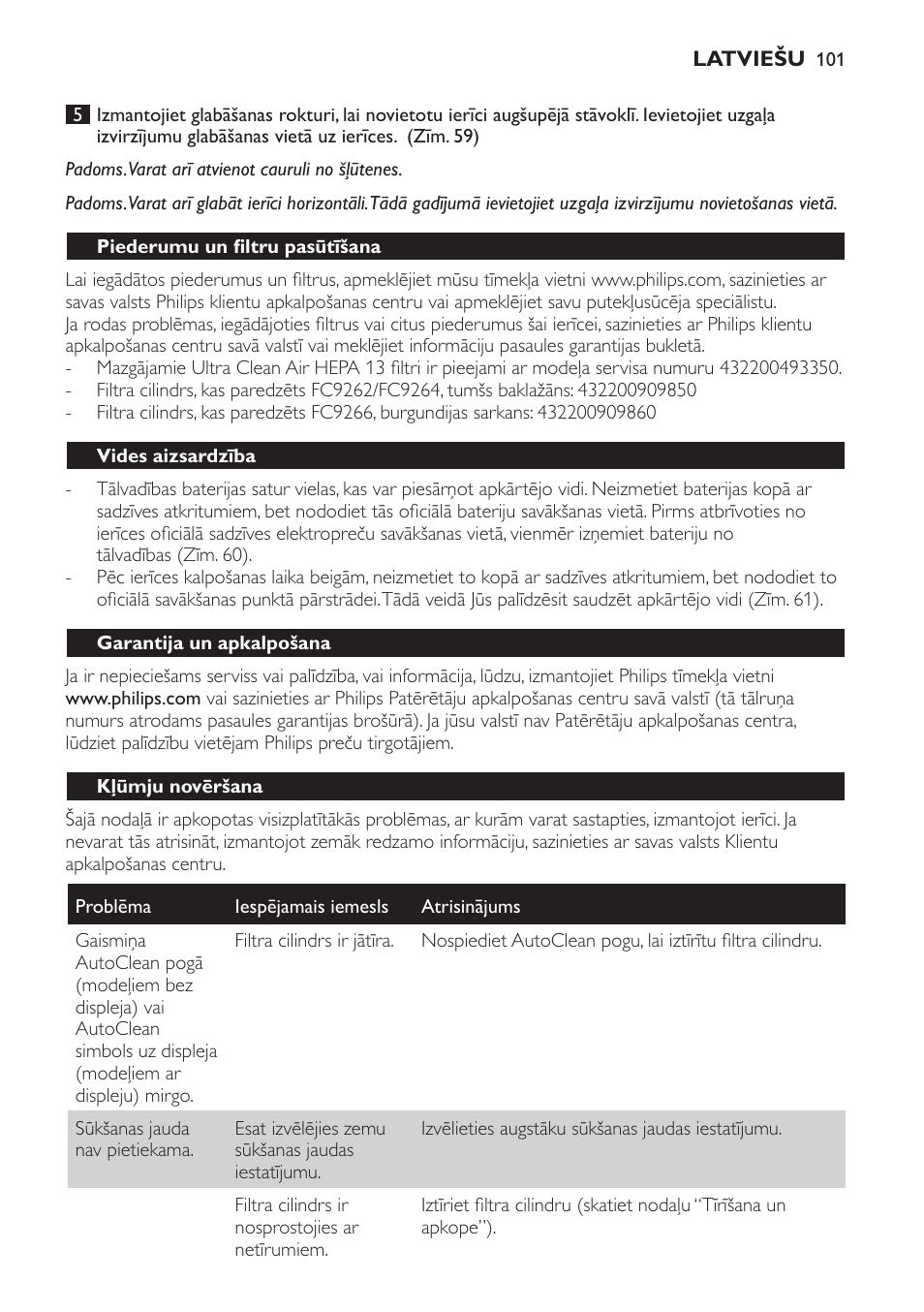 Piederumu un filtru pasūtīšana, Vides aizsardzība, Garantija un apkalpošana | Kļūmju novēršana | Philips FC9264 User Manual | Page 101 / 184