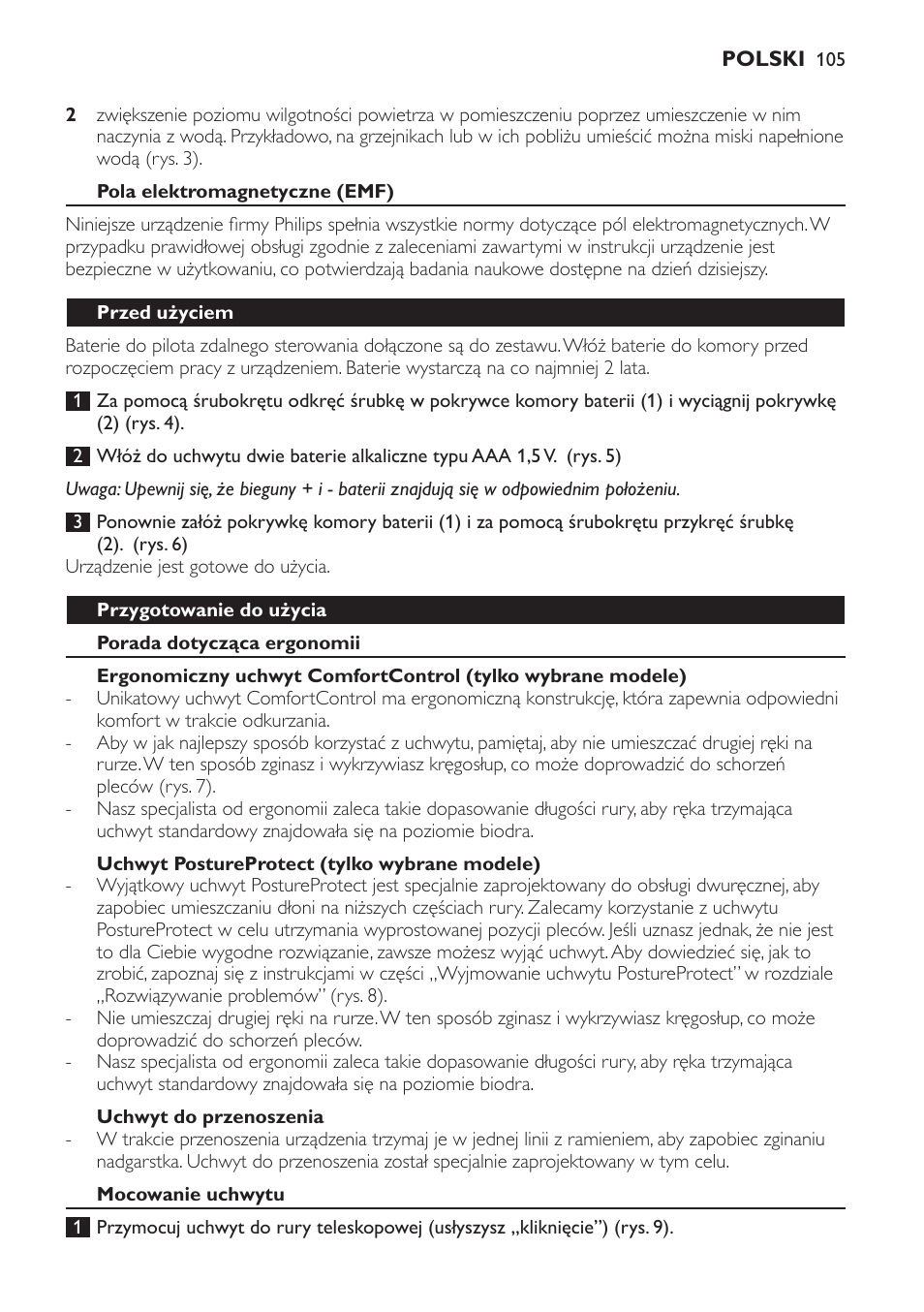 Pola elektromagnetyczne (emf), Przed użyciem, Przygotowanie do użycia | Porada dotycząca ergonomii, Uchwyt postureprotect (tylko wybrane modele), Uchwyt do przenoszenia, Mocowanie uchwytu | Philips FC9264 User Manual | Page 105 / 184