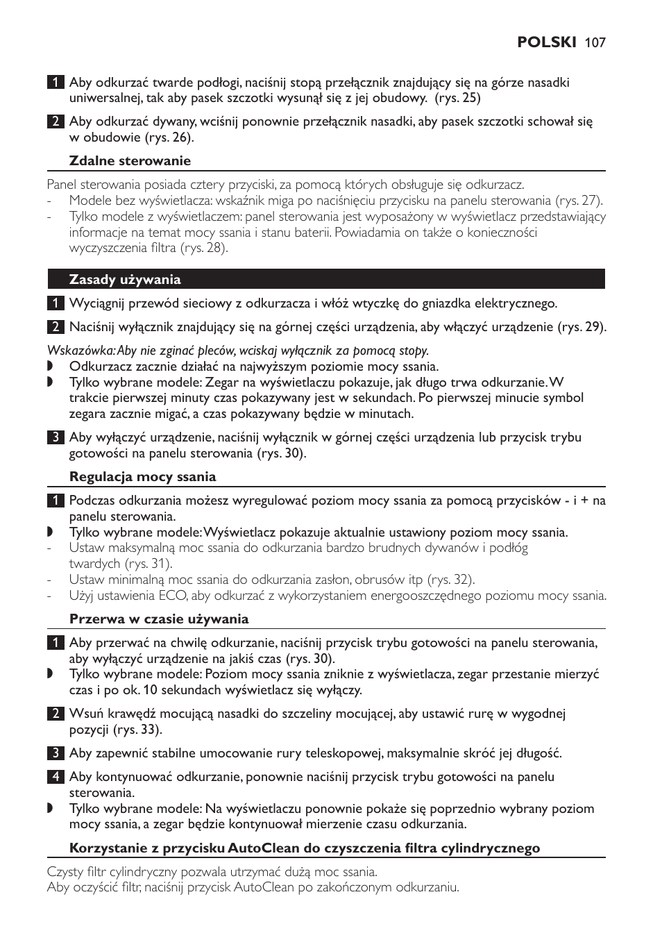 Zdalne sterowanie, Zasady używania, Regulacja mocy ssania | Przerwa w czasie używania | Philips FC9264 User Manual | Page 107 / 184