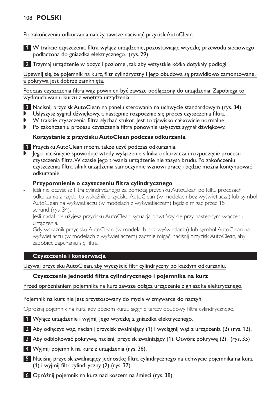 Przypomnienie o czyszczeniu filtra cylindrycznego, Czyszczenie i konserwacja | Philips FC9264 User Manual | Page 108 / 184