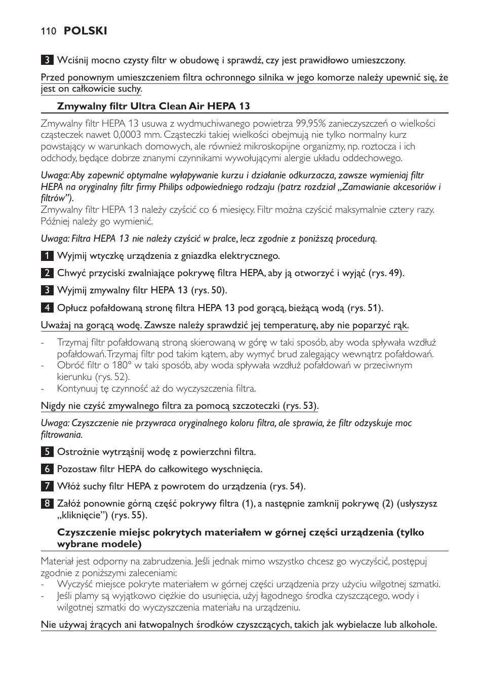 Zmywalny filtr ultra clean air hepa 13 | Philips FC9264 User Manual | Page 110 / 184