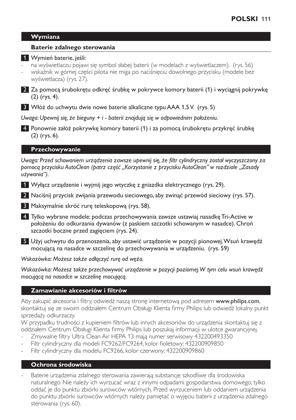 Wymiana, Baterie zdalnego sterowania, Przechowywanie | Zamawianie akcesoriów i filtrów, Ochrona środowiska | Philips FC9264 User Manual | Page 111 / 184