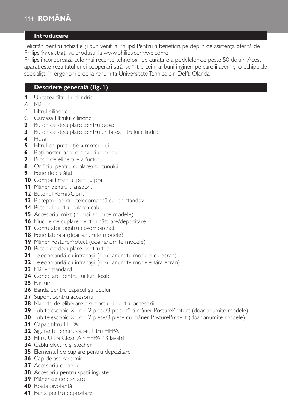 Română, Introducere, Descriere generală (fig. 1) | Philips FC9264 User Manual | Page 114 / 184