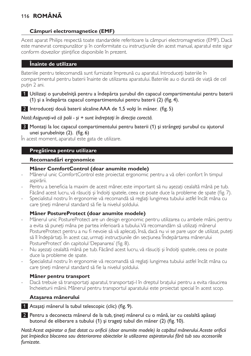 Câmpuri electromagnetice (emf), Înainte de utilizare, Pregătirea pentru utilizare | Recomandări ergonomice, Mâner comfortcontrol (doar anumite modele), Mâner postureprotect (doar anumite modele), Mâner pentru transport, Ataşarea mânerului | Philips FC9264 User Manual | Page 116 / 184