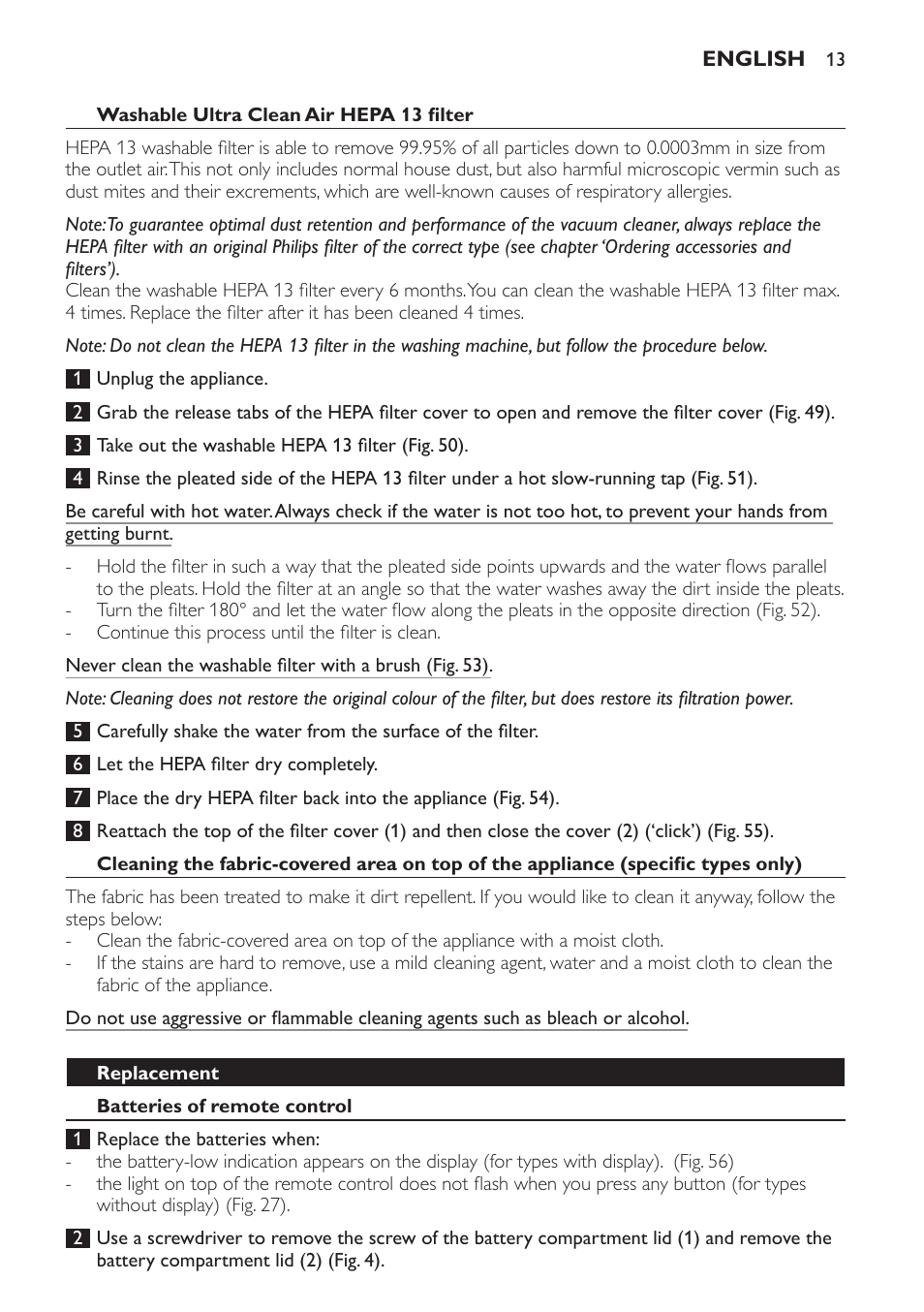 Washable ultra clean air hepa 13 filter, Replacement, Batteries of remote control | Philips FC9264 User Manual | Page 13 / 184
