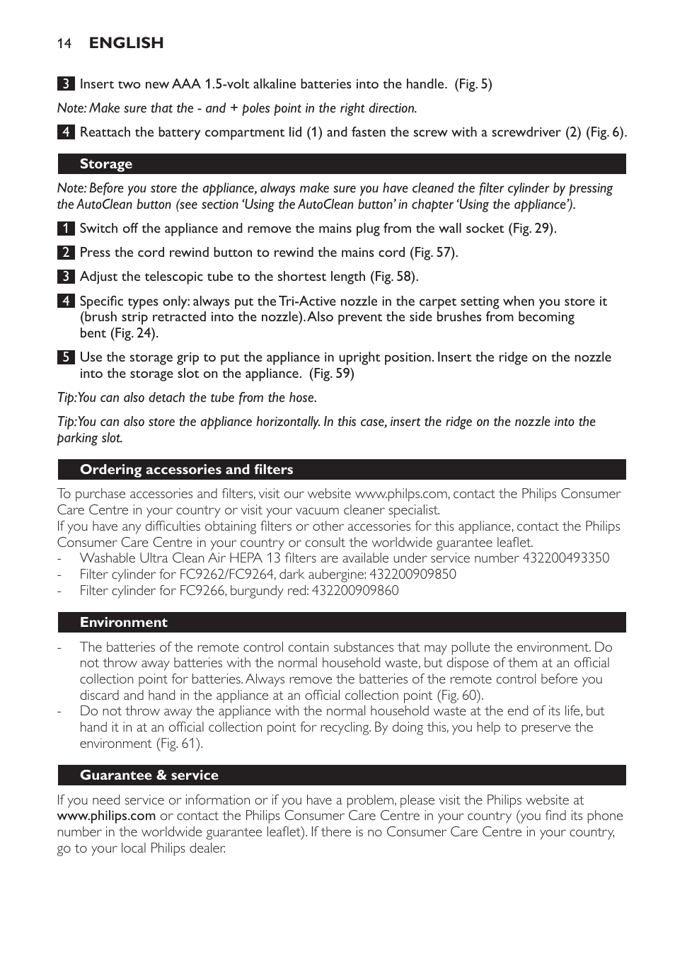 Storage, Ordering accessories and filters, Environment | Guarantee & service | Philips FC9264 User Manual | Page 14 / 184