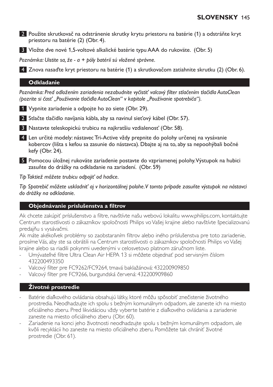 Odkladanie, Objednávanie príslušenstva a filtrov, Životné prostredie | Záruka a servis | Philips FC9264 User Manual | Page 145 / 184