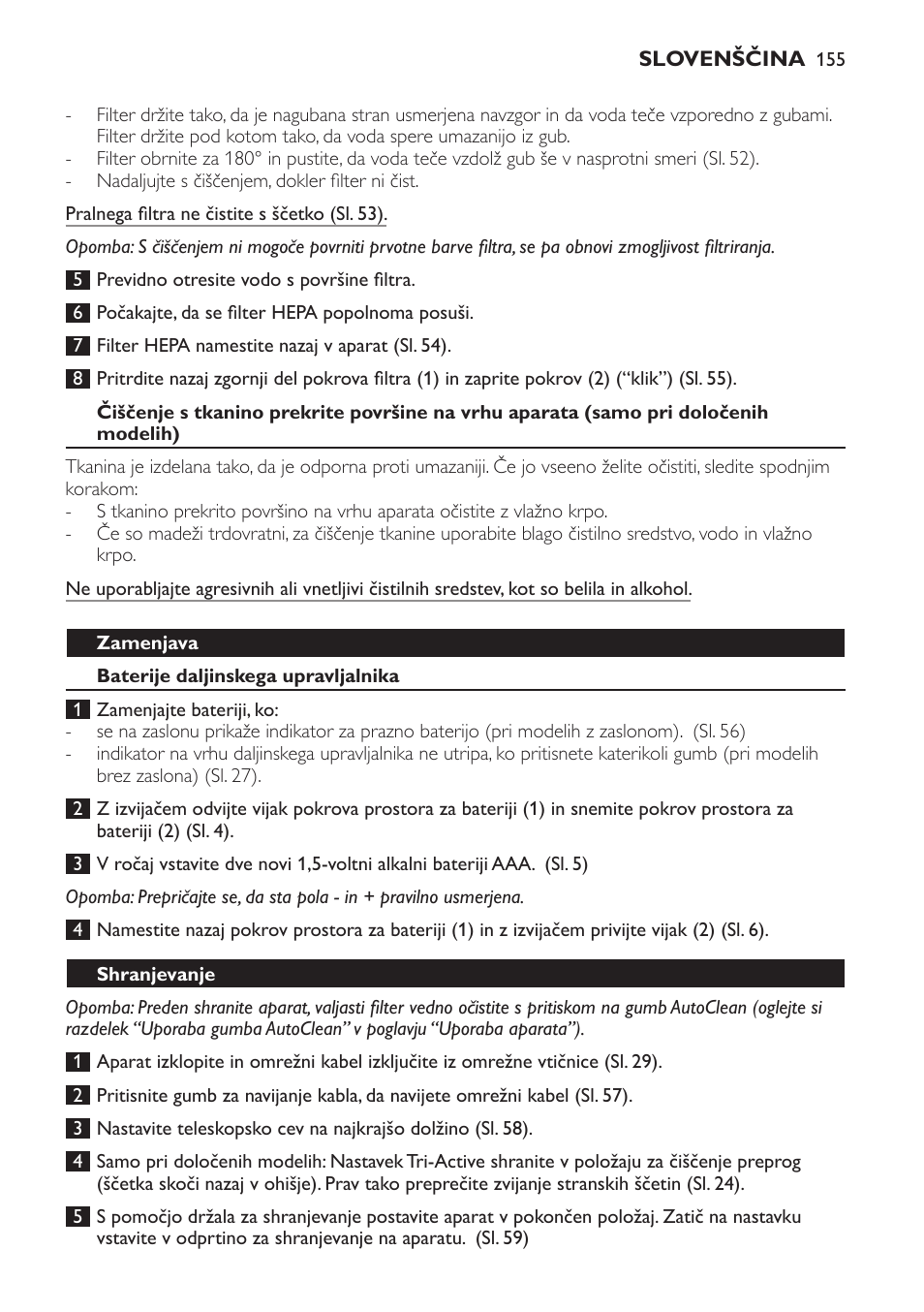 Zamenjava, Baterije daljinskega upravljalnika, Shranjevanje | Philips FC9264 User Manual | Page 155 / 184