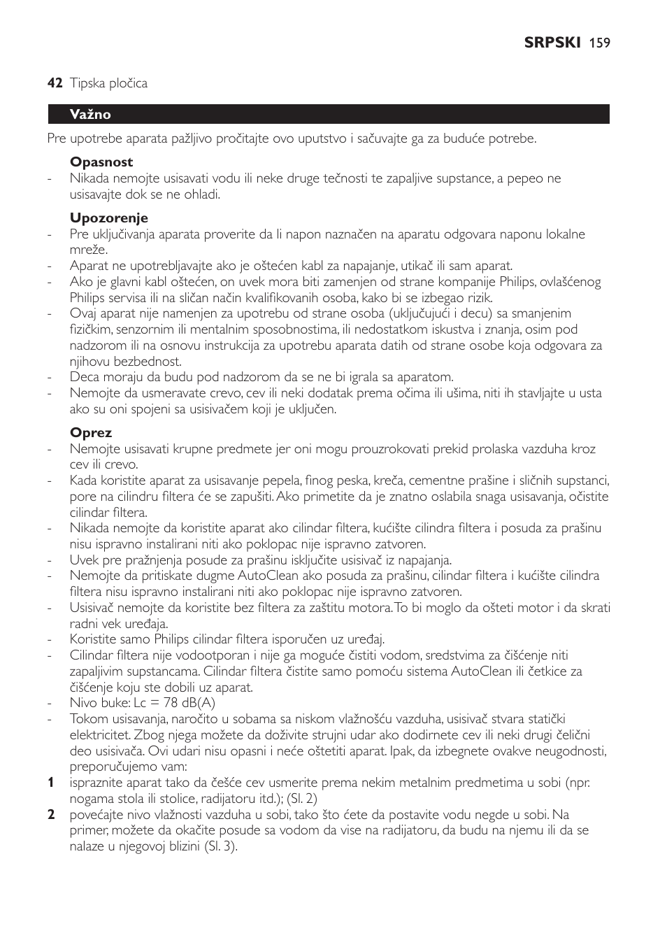 Opasnost, Upozorenje, Oprez | Važno | Philips FC9264 User Manual | Page 159 / 184