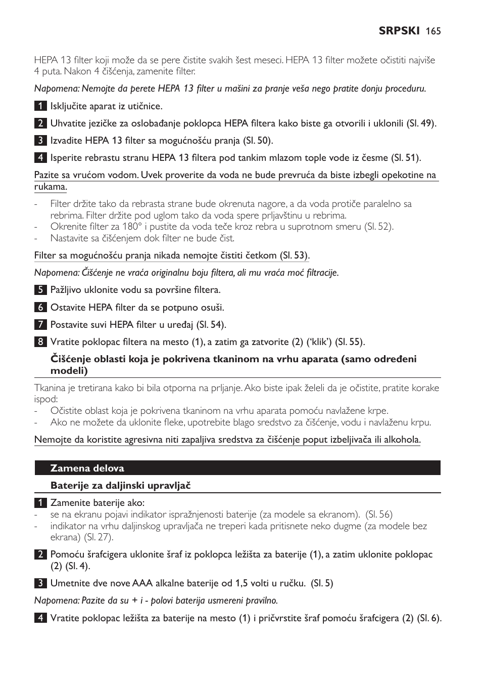 Zamena delova, Baterije za daljinski upravljač | Philips FC9264 User Manual | Page 165 / 184