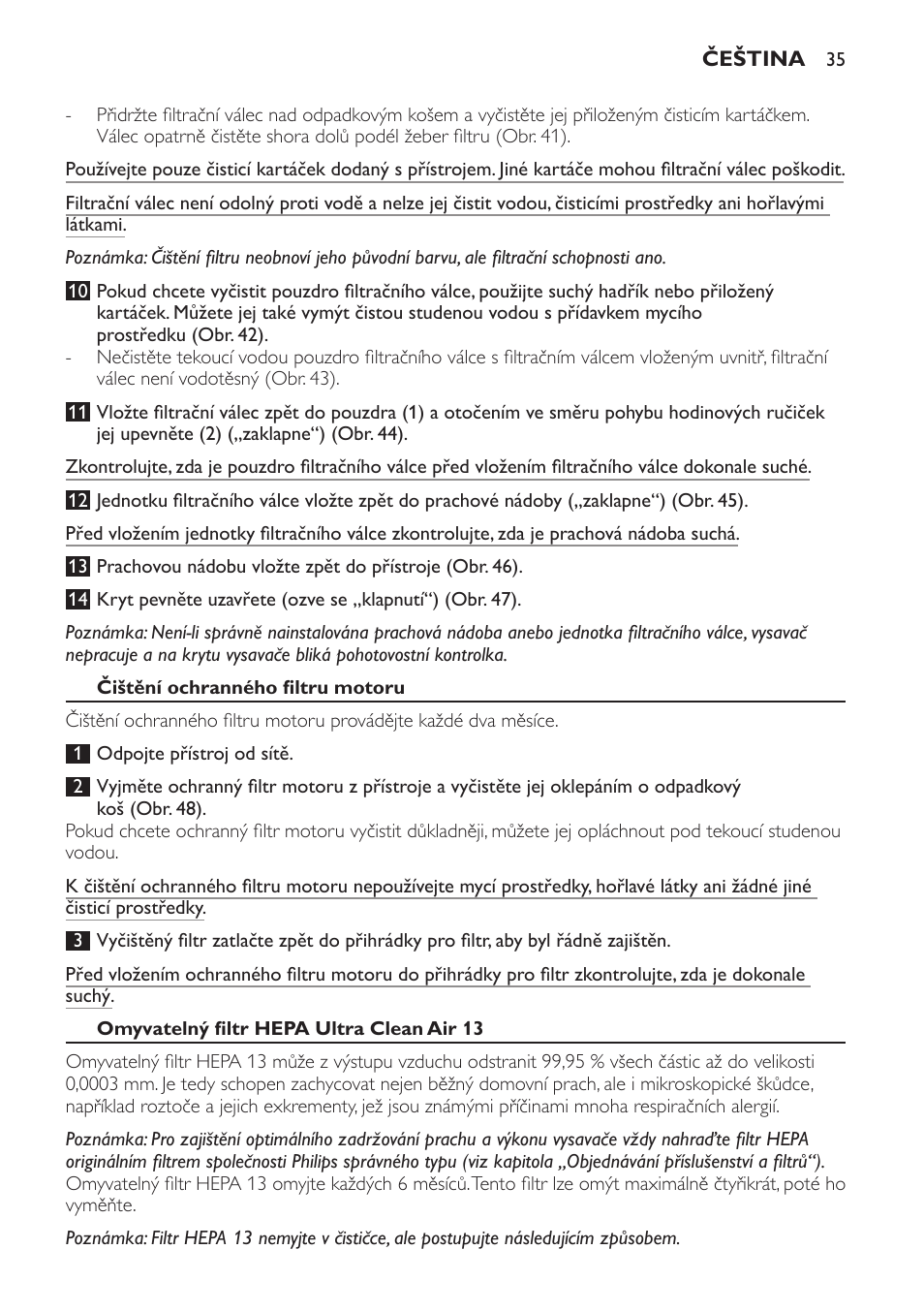 Čištění ochranného filtru motoru, Omyvatelný filtr hepa ultra clean air 13 | Philips FC9264 User Manual | Page 35 / 184