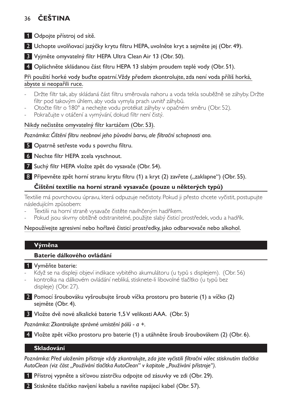 Výměna, Baterie dálkového ovládání, Skladování | Philips FC9264 User Manual | Page 36 / 184