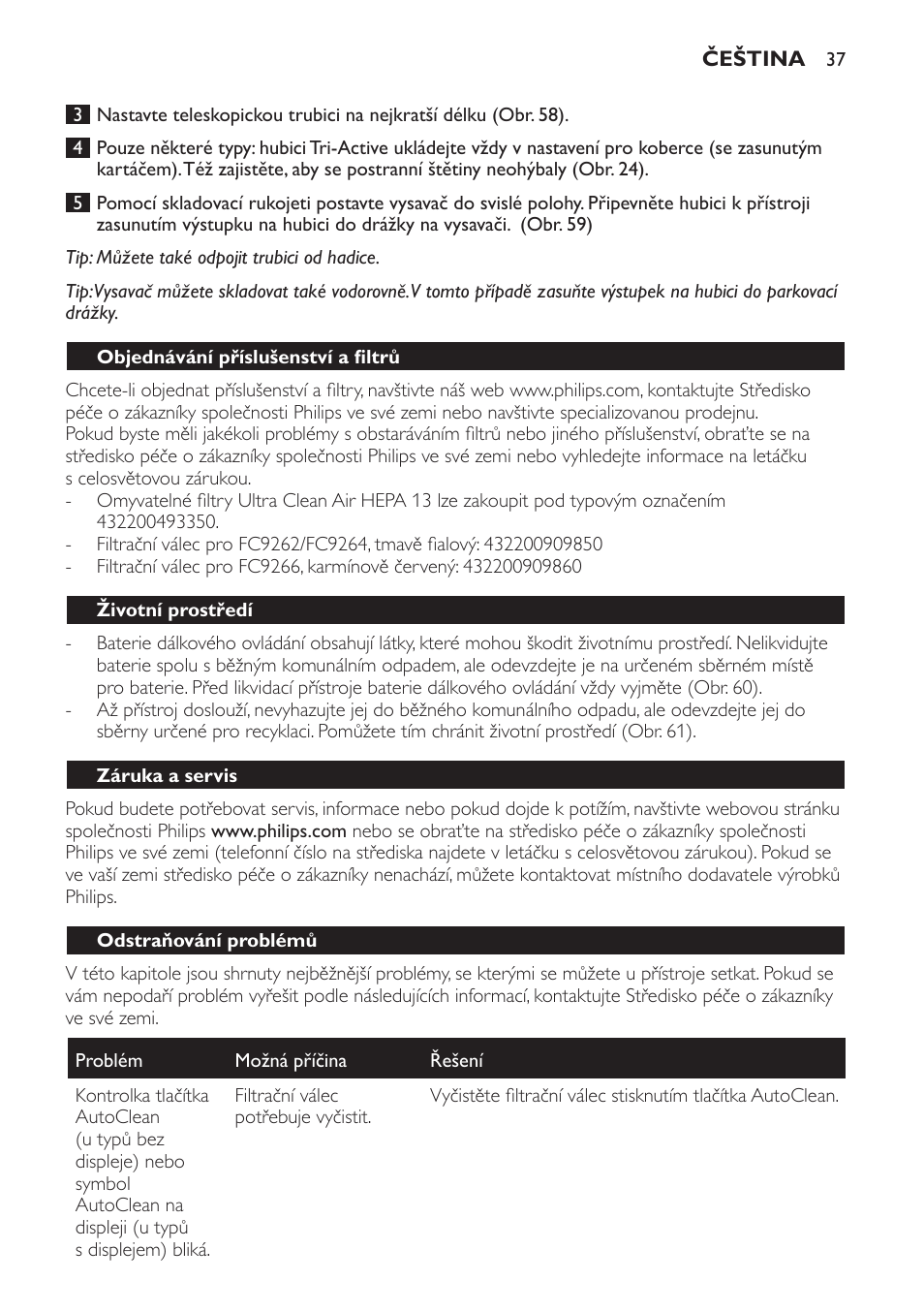 Objednávání příslušenství a filtrů, Životní prostředí, Záruka a servis | Odstraňování problémů | Philips FC9264 User Manual | Page 37 / 184