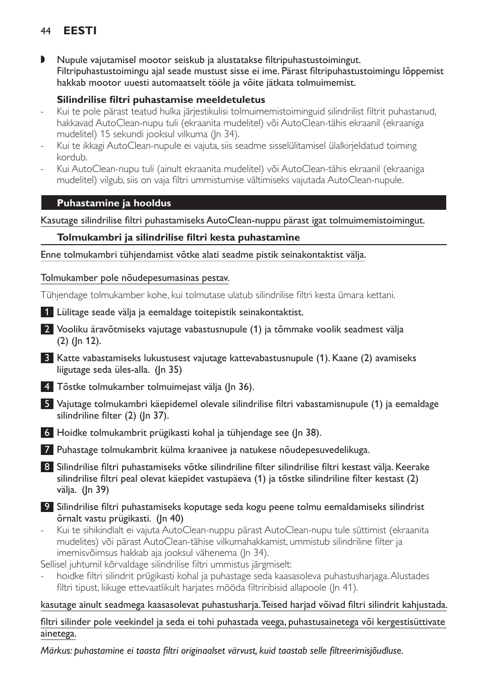 Silindrilise filtri puhastamise meeldetuletus, Puhastamine ja hooldus | Philips FC9264 User Manual | Page 44 / 184