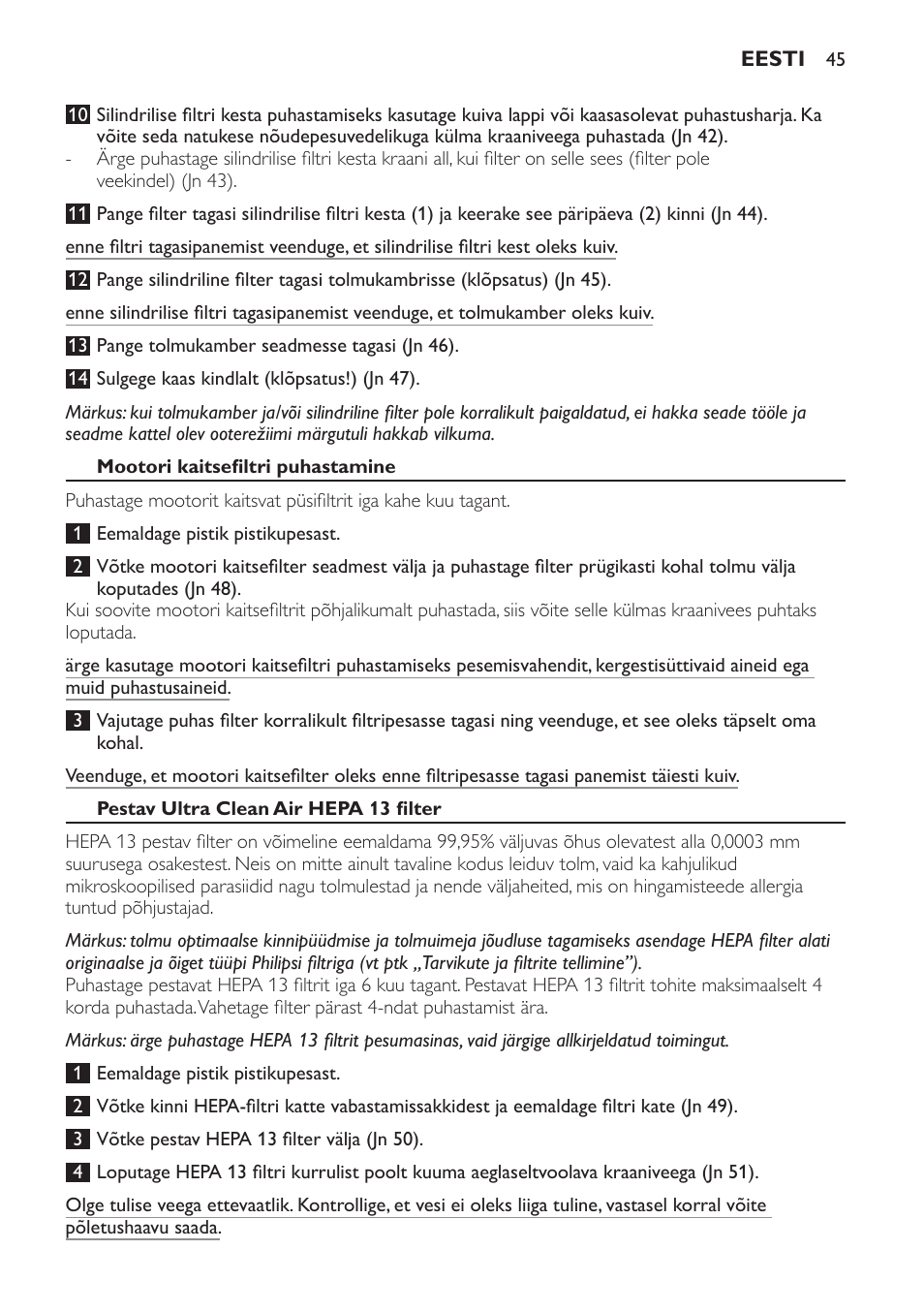 Mootori kaitsefiltri puhastamine, Pestav ultra clean air hepa 13 filter | Philips FC9264 User Manual | Page 45 / 184