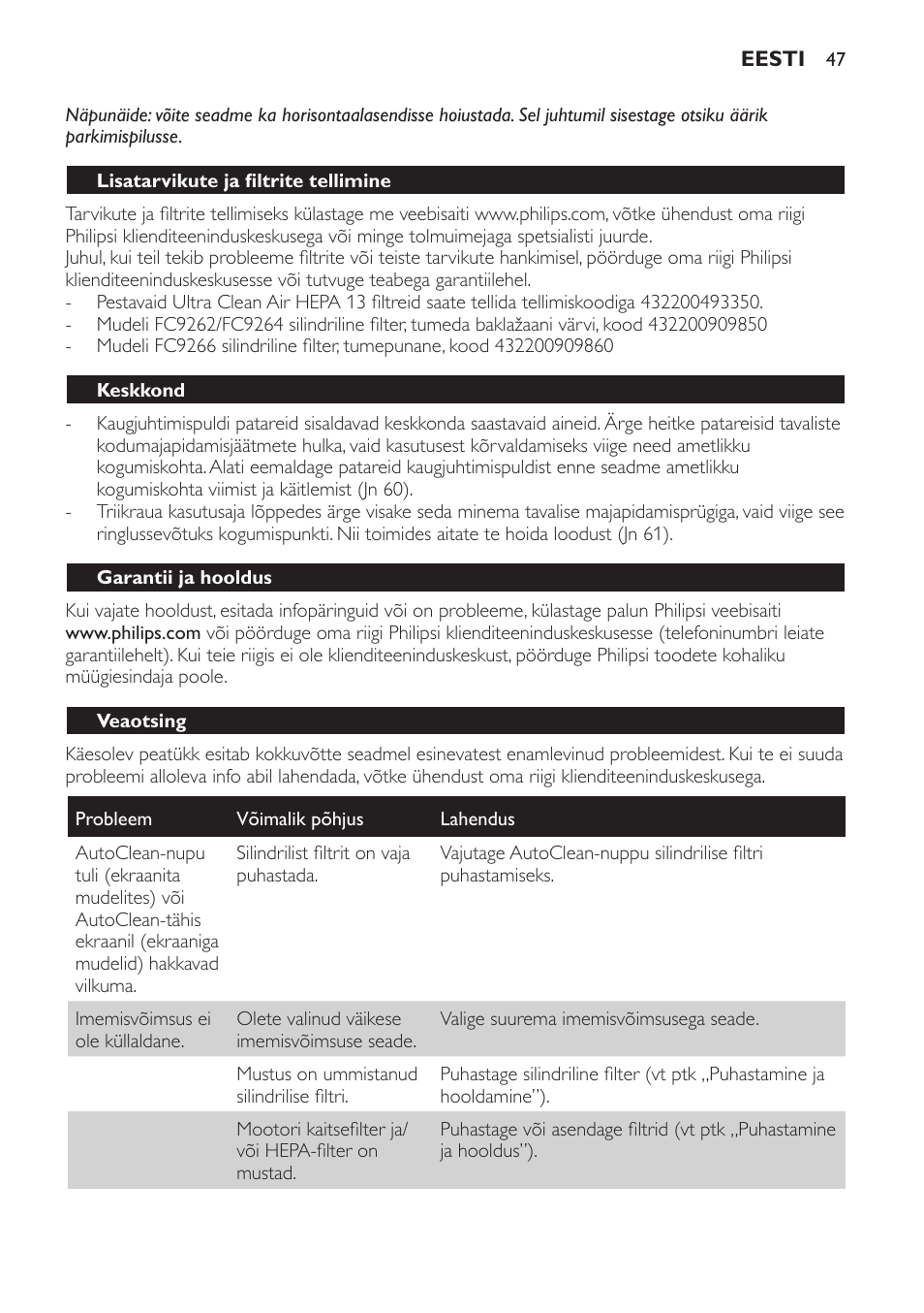 Lisatarvikute ja filtrite tellimine, Keskkond, Garantii ja hooldus | Veaotsing | Philips FC9264 User Manual | Page 47 / 184