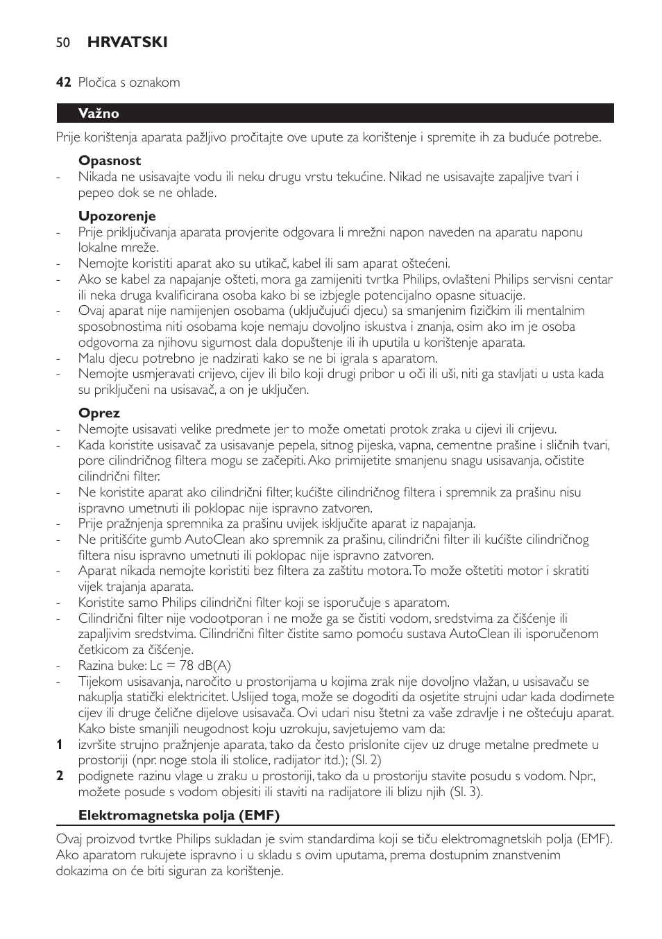 Opasnost, Upozorenje, Oprez | Važno, Elektromagnetska polja (emf) | Philips FC9264 User Manual | Page 50 / 184