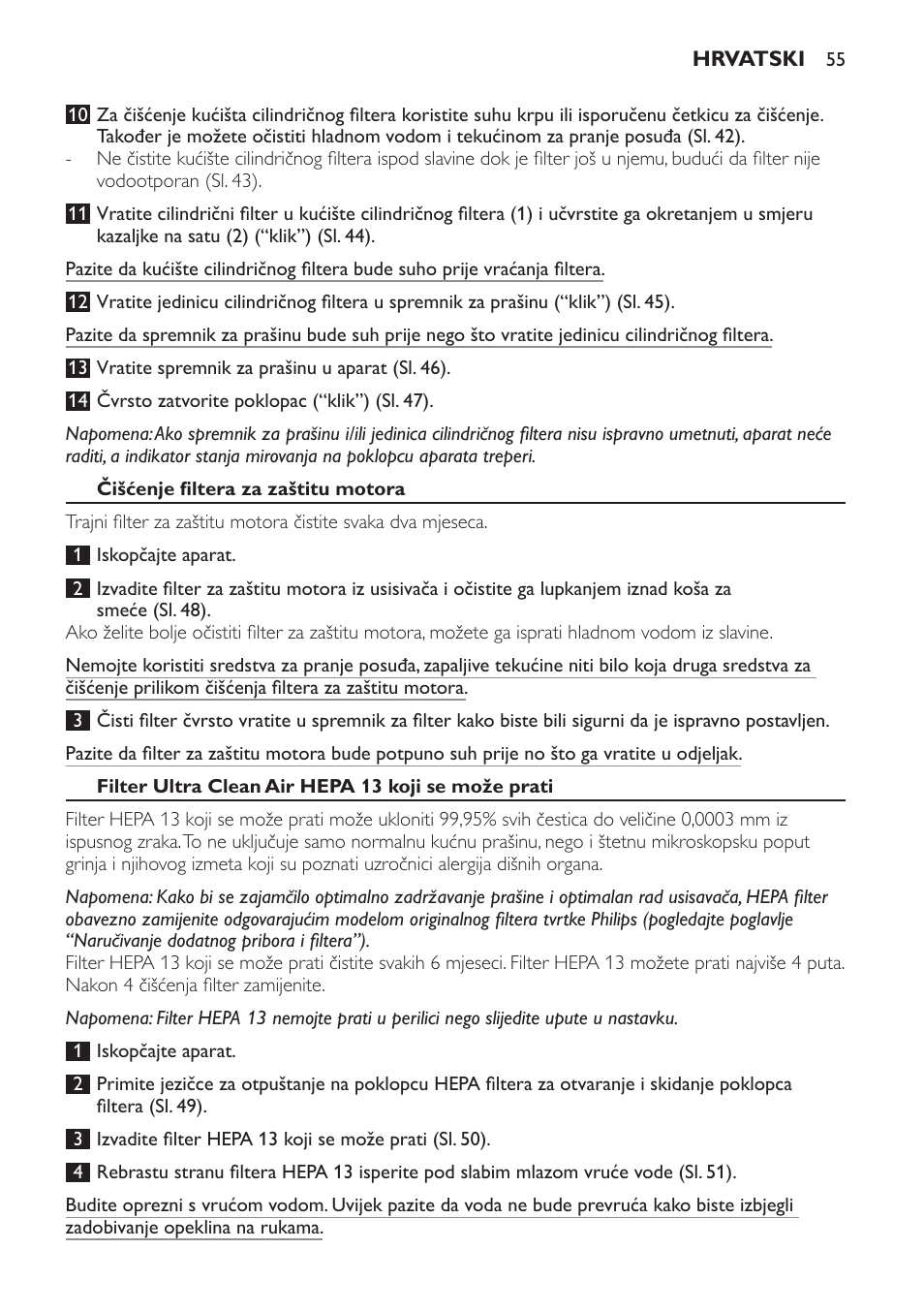 Čišćenje filtera za zaštitu motora, Filter ultra clean air hepa 13 koji se može prati | Philips FC9264 User Manual | Page 55 / 184