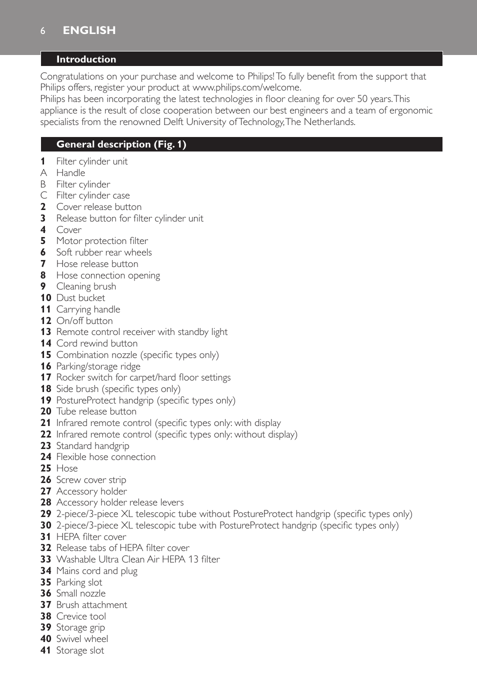 English, Introduction, General description (fig. 1) | Philips FC9264 User Manual | Page 6 / 184