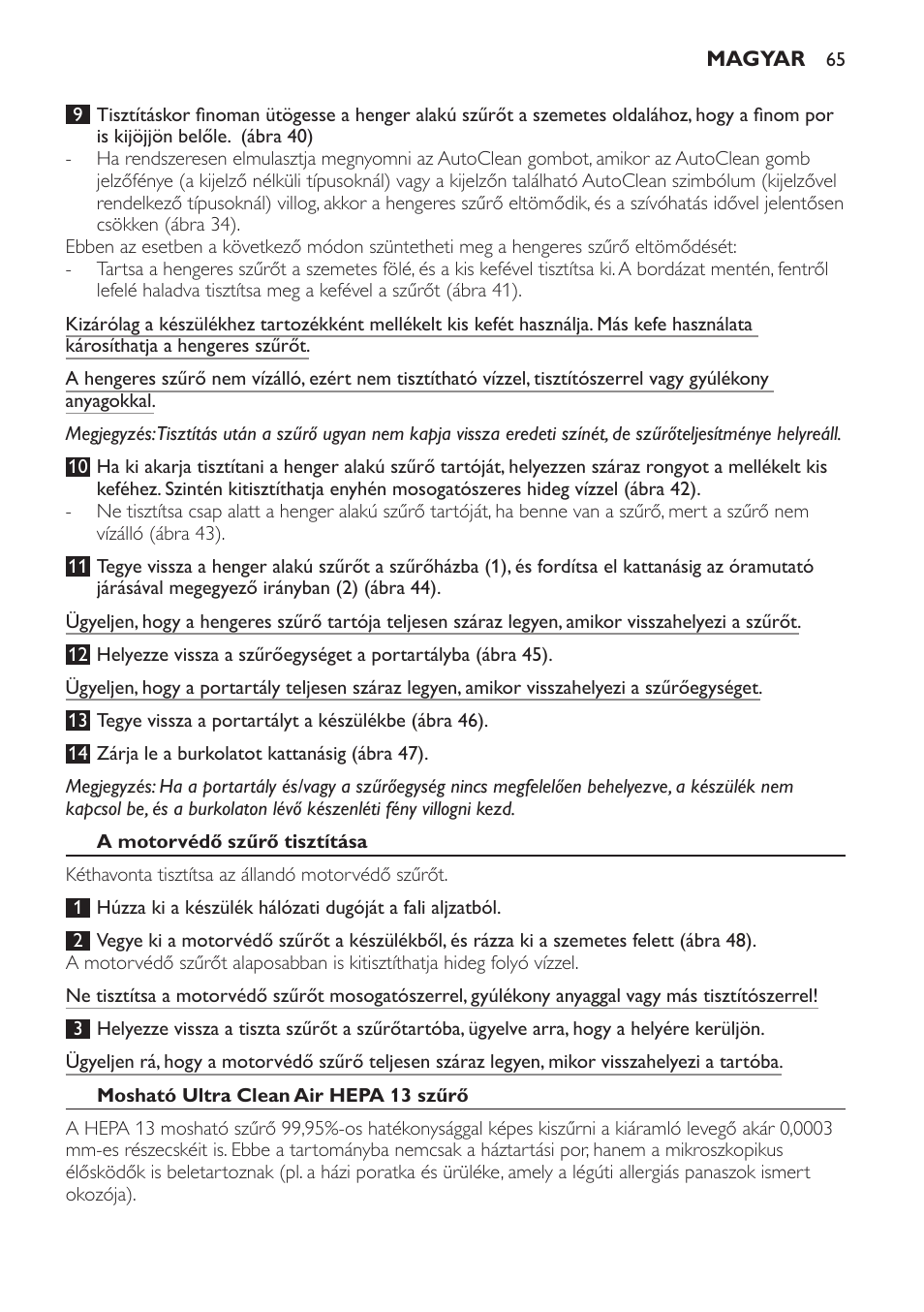 A motorvédő szűrő tisztítása, Mosható ultra clean air hepa 13 szűrő | Philips FC9264 User Manual | Page 65 / 184