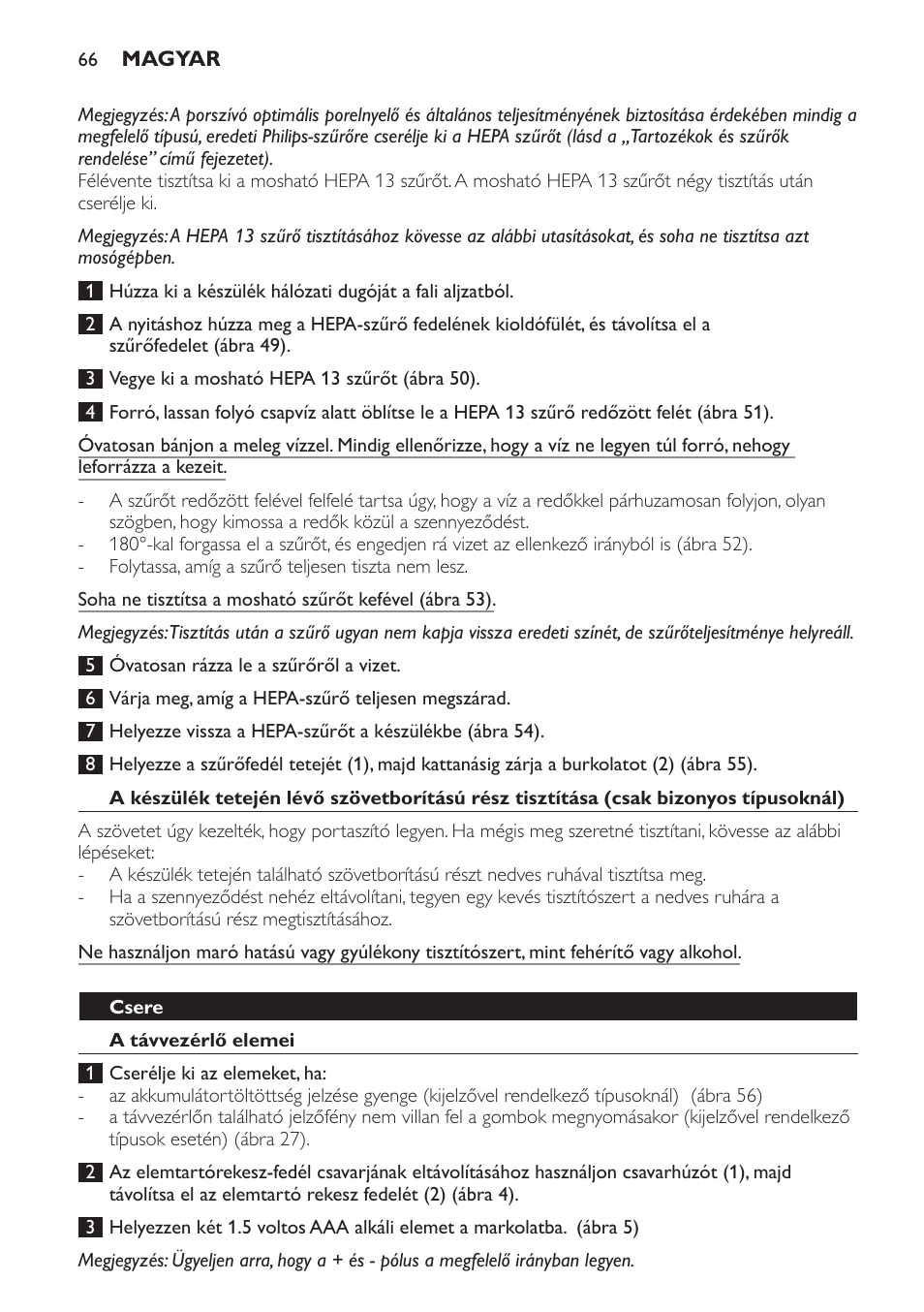 Csere, A távvezérlő elemei | Philips FC9264 User Manual | Page 66 / 184