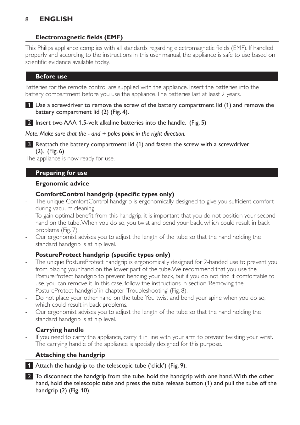 Electromagnetic fields (emf), Before use, Preparing for use | Ergonomic advice, Comfortcontrol handgrip (specific types only), Postureprotect handgrip (specific types only), Carrying handle, Attaching the handgrip | Philips FC9264 User Manual | Page 8 / 184