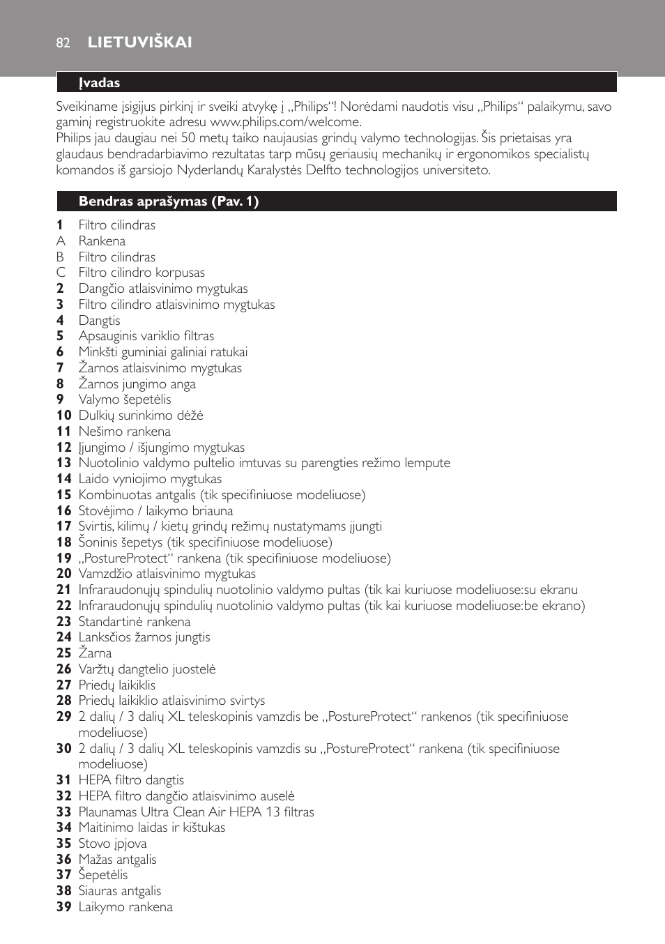 Lietuviškai, Įvadas, Bendras aprašymas (pav. 1) | Philips FC9264 User Manual | Page 82 / 184