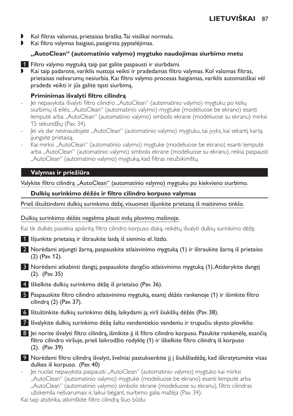 Priminimas išvalyti filtro cilindrą, Valymas ir priežiūra | Philips FC9264 User Manual | Page 87 / 184