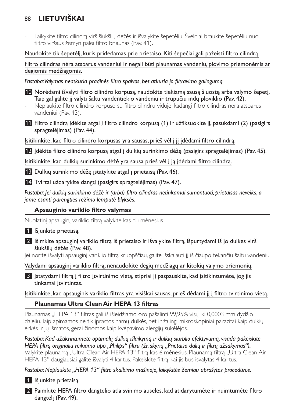 Apsauginio variklio filtro valymas, Plaunamas ultra clean air hepa 13 filtras | Philips FC9264 User Manual | Page 88 / 184