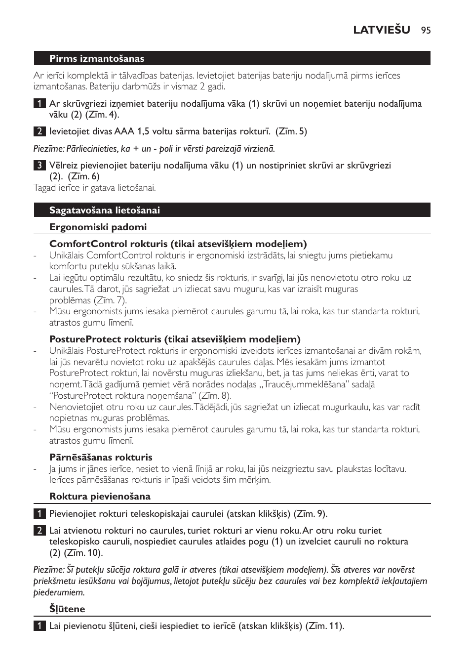 Pirms izmantošanas, Sagatavošana lietošanai, Ergonomiski padomi | Pārnēsāšanas rokturis, Roktura pievienošana, Šļūtene | Philips FC9264 User Manual | Page 95 / 184
