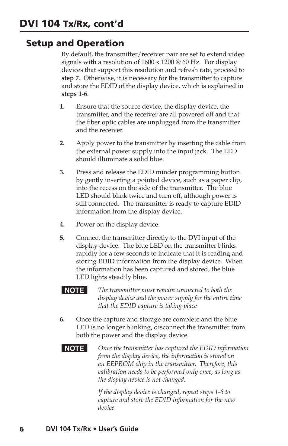 Setup and operation, Dvi 104, Tx/rx, cont’d | Extron electronic DVI 104 Tx/Rx User Manual | Page 10 / 18