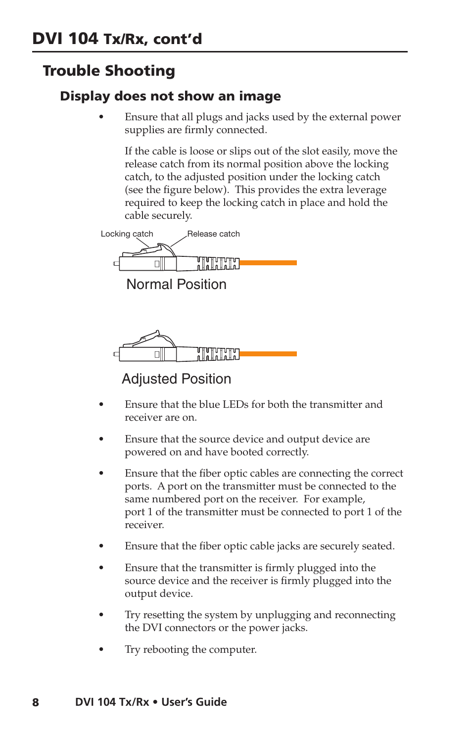 Trouble shooting, Display does not show an image, Dvi 104 | Tx/rx, cont’d, Normal position adjusted position | Extron electronic DVI 104 Tx/Rx User Manual | Page 12 / 18