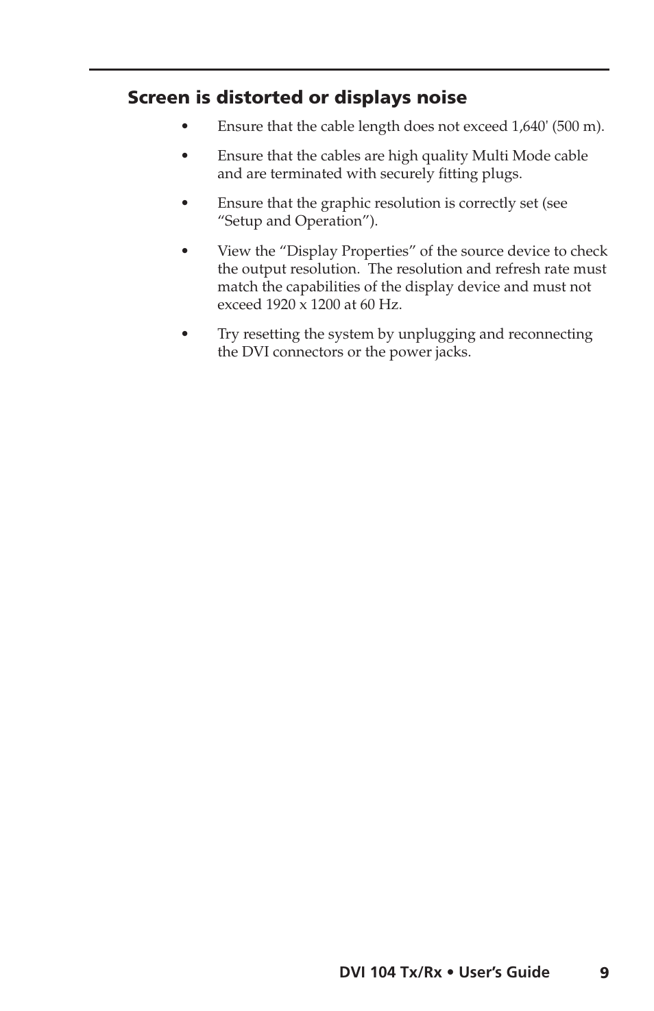 Screen is distorted or displays noise | Extron electronic DVI 104 Tx/Rx User Manual | Page 13 / 18