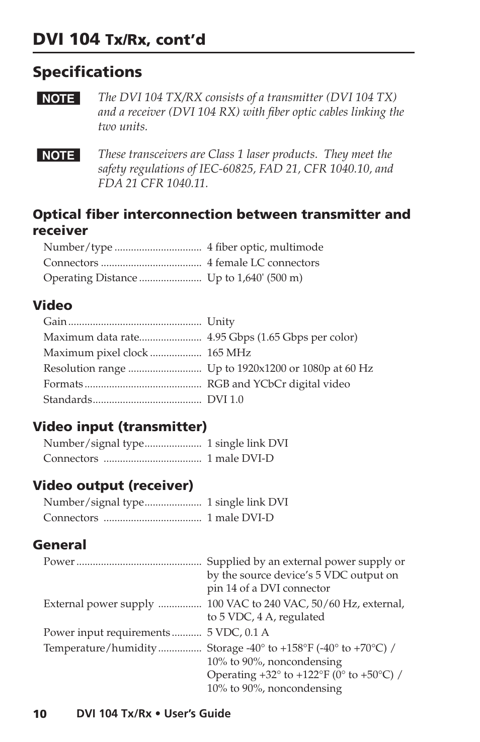 Specifications, Dvi 104, Tx/rx, cont’d | Extron electronic DVI 104 Tx/Rx User Manual | Page 14 / 18