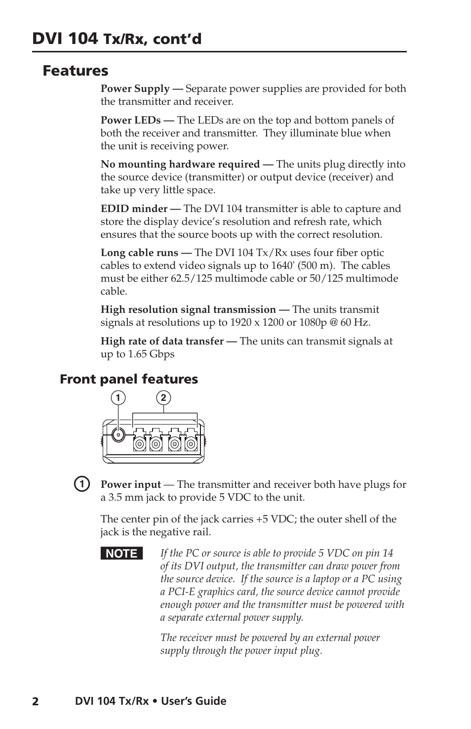 Features, Front panel features, Dvi 104 | Tx/rx, cont’d | Extron electronic DVI 104 Tx/Rx User Manual | Page 6 / 18