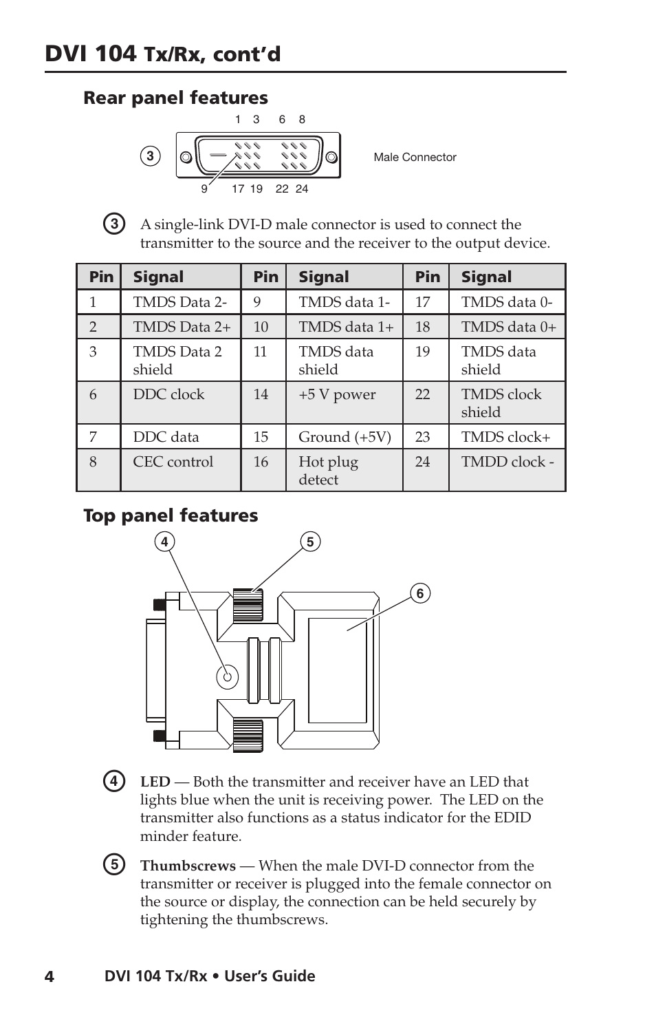 Rear panel features, Top panel features, Dvi 104 | Tx/rx, cont’d | Extron electronic DVI 104 Tx/Rx User Manual | Page 8 / 18