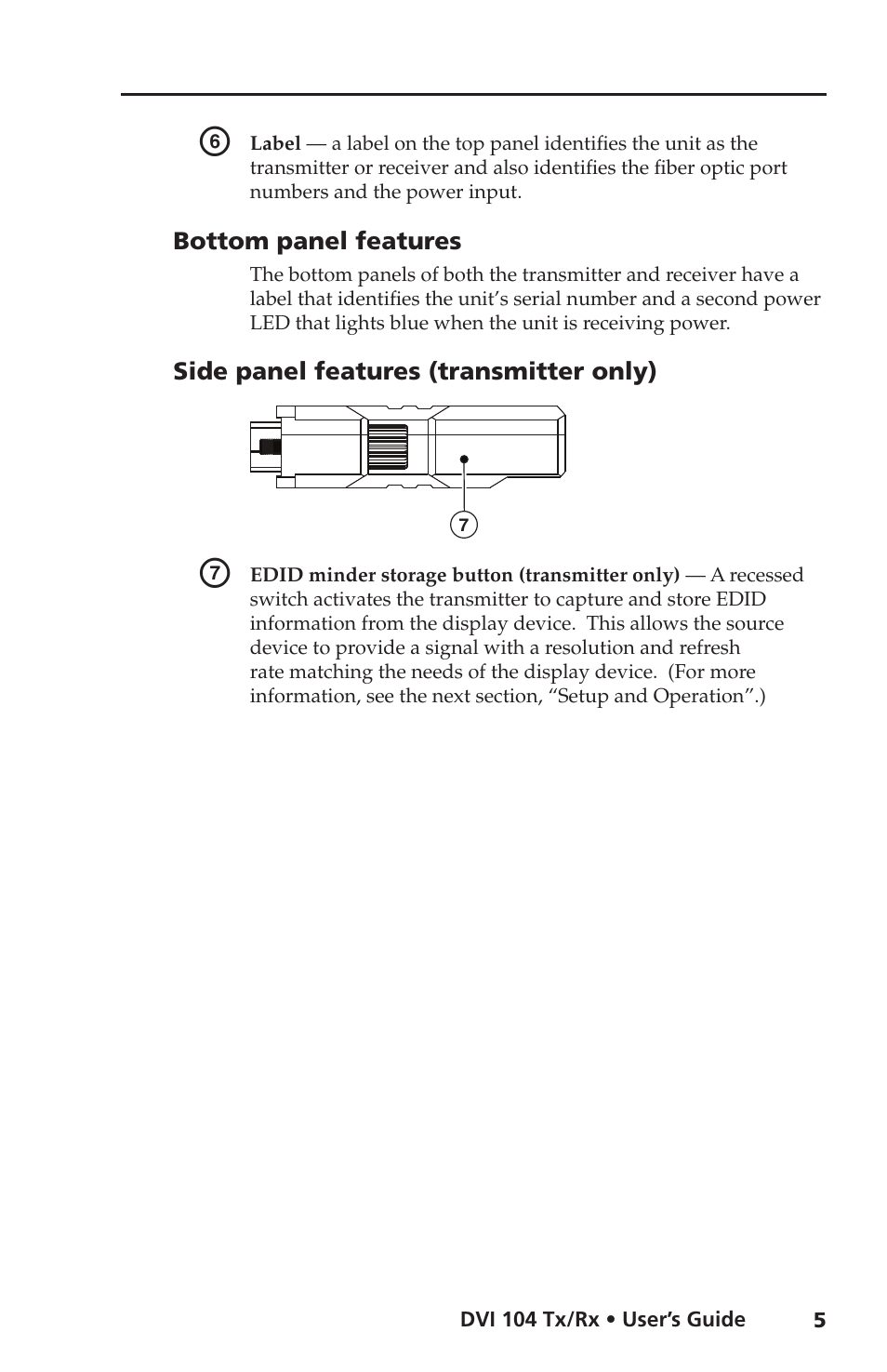 Bottom panel features, Side panel features (transmitter only) | Extron electronic DVI 104 Tx/Rx User Manual | Page 9 / 18