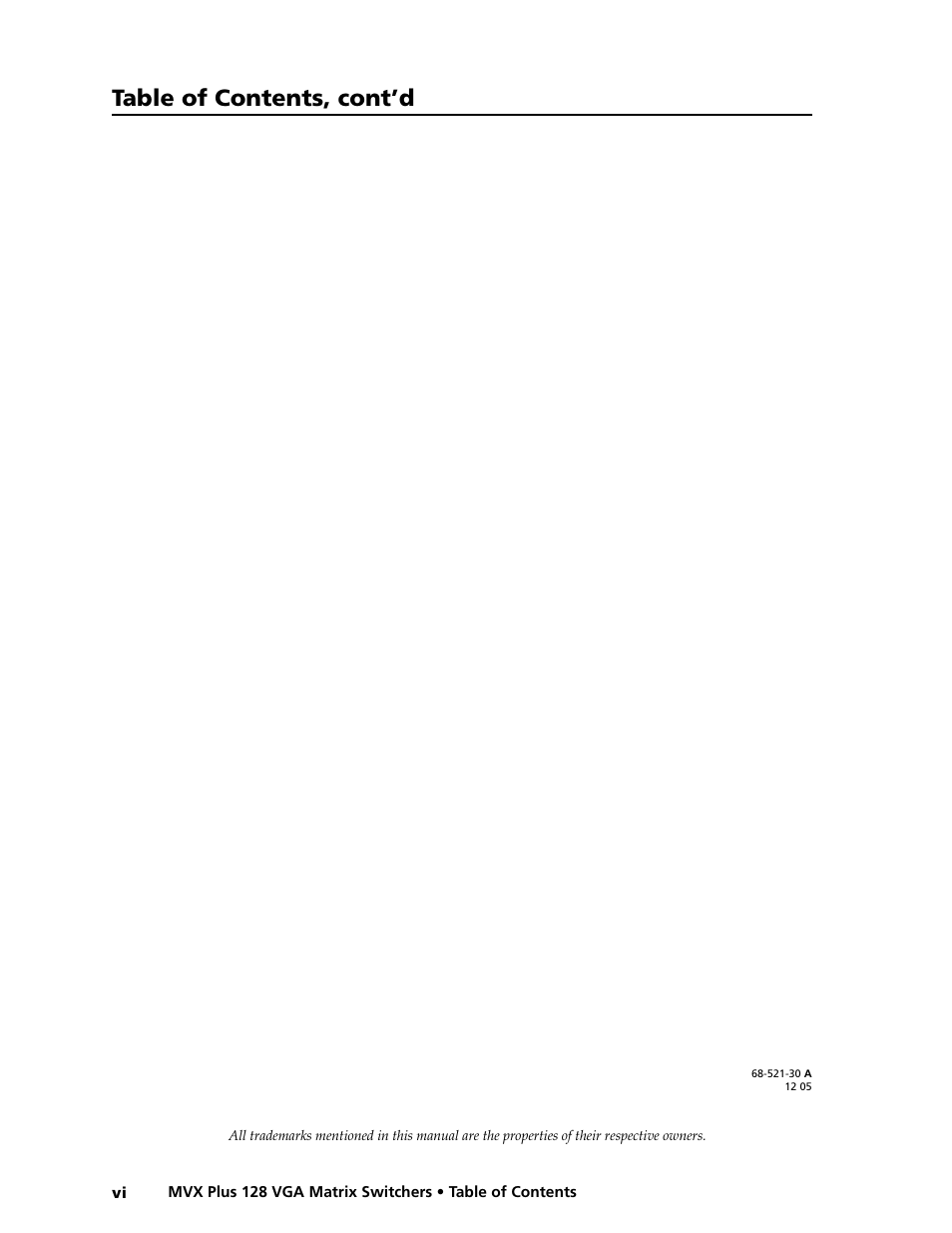 Preliminar y, Table of contents, cont’d | Extron electronic VGA MATRIX SWITCHERS MVX PLUS 128 User Manual | Page 10 / 148