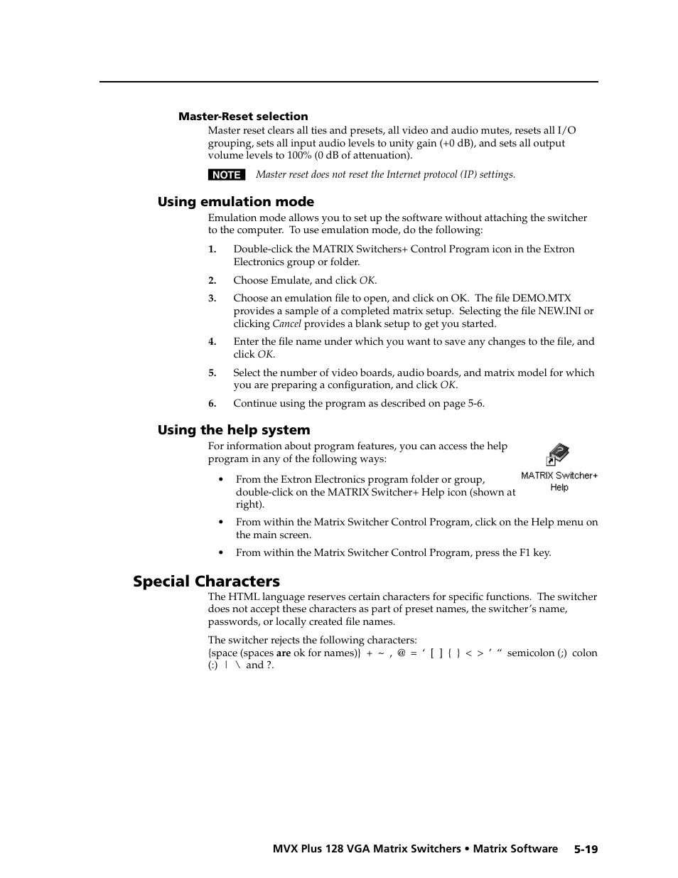 Preliminar y, Special characters | Extron electronic VGA MATRIX SWITCHERS MVX PLUS 128 User Manual | Page 107 / 148