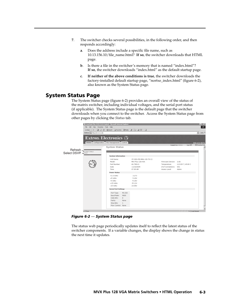 Preliminar y, System status page | Extron electronic VGA MATRIX SWITCHERS MVX PLUS 128 User Manual | Page 111 / 148