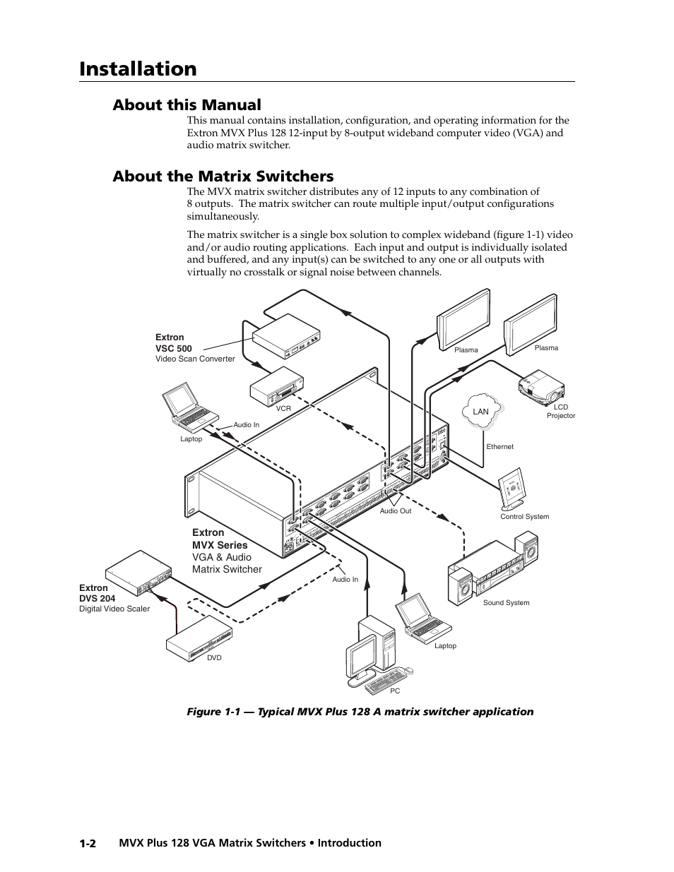 Preliminar y, Installation, About this manual | About the matrix switchers | Extron electronic VGA MATRIX SWITCHERS MVX PLUS 128 User Manual | Page 12 / 148