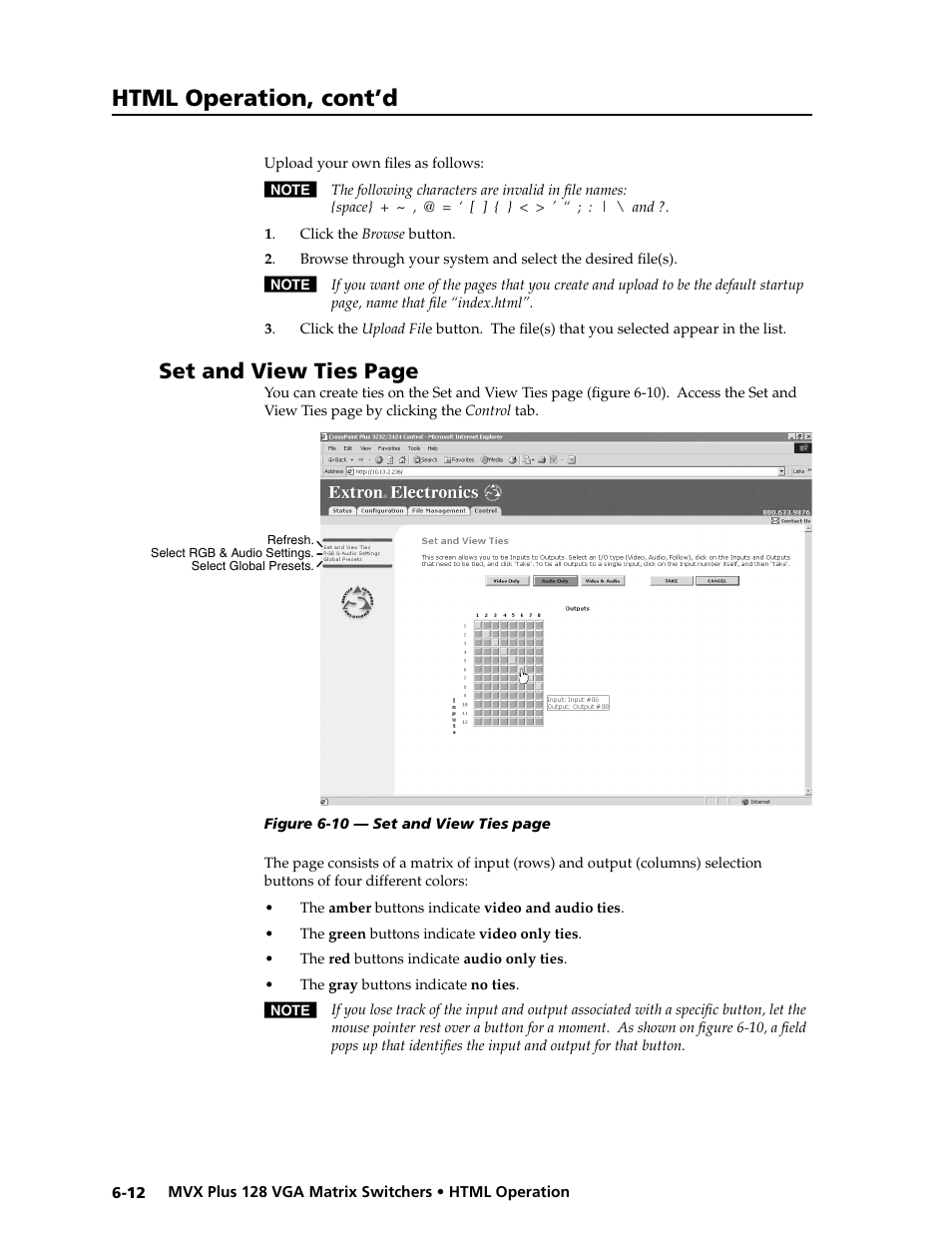 Preliminar y, Html operation, cont’d, Set and view ties page | Extron electronic VGA MATRIX SWITCHERS MVX PLUS 128 User Manual | Page 120 / 148