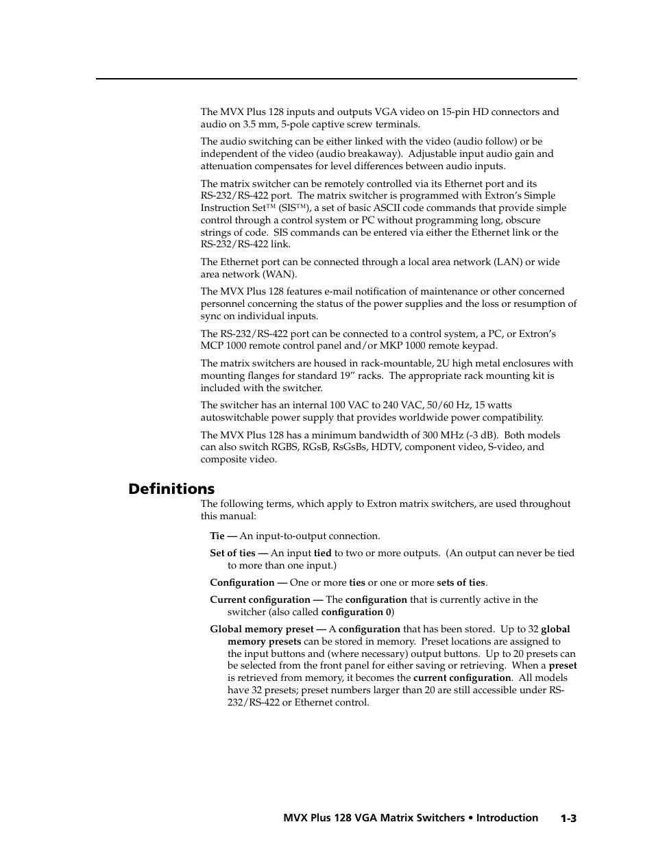 Preliminar y, Defi nitions | Extron electronic VGA MATRIX SWITCHERS MVX PLUS 128 User Manual | Page 13 / 148