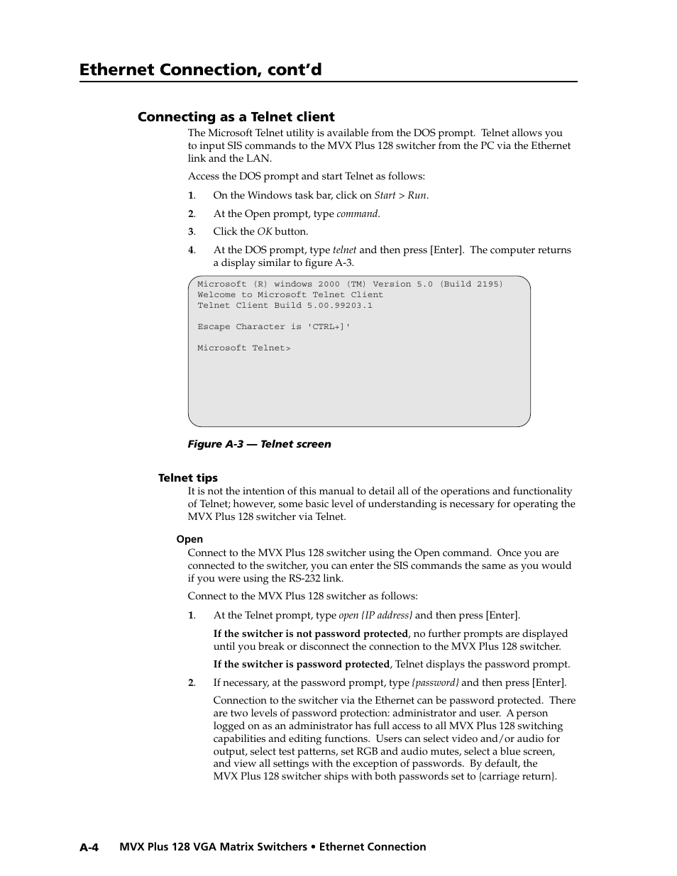 Preliminar y, Ethernet connection, cont’d | Extron electronic VGA MATRIX SWITCHERS MVX PLUS 128 User Manual | Page 132 / 148