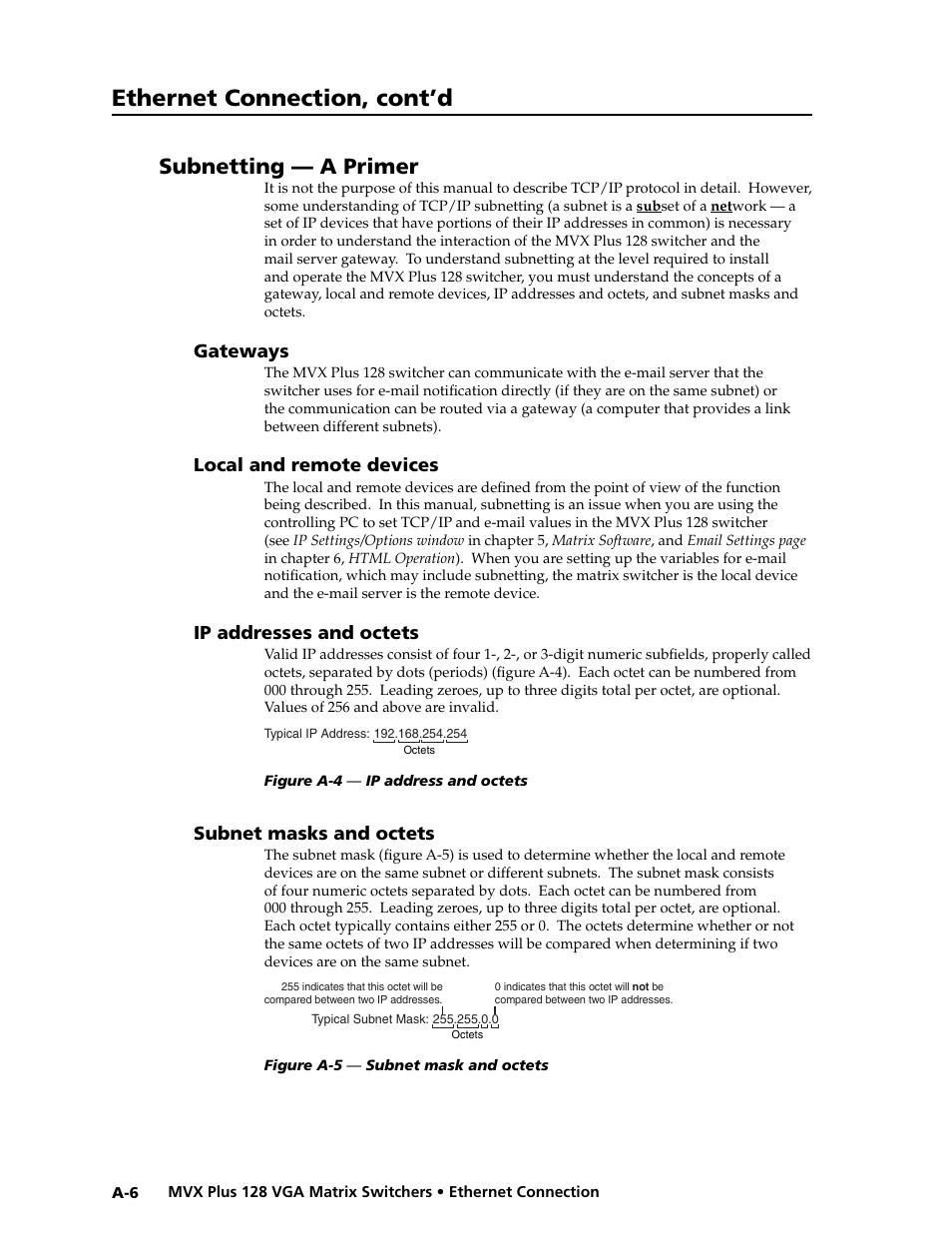 Preliminar y, Ethernet connection, cont’d, Subnetting — a primer | Extron electronic VGA MATRIX SWITCHERS MVX PLUS 128 User Manual | Page 134 / 148