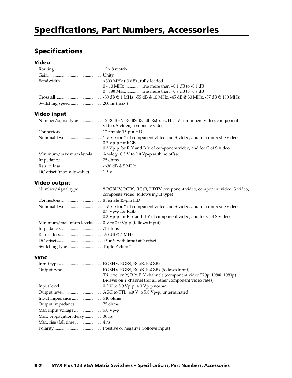 Preliminar y, Specifi cations, part numbers, accessories, Specifi cations | Extron electronic VGA MATRIX SWITCHERS MVX PLUS 128 User Manual | Page 138 / 148