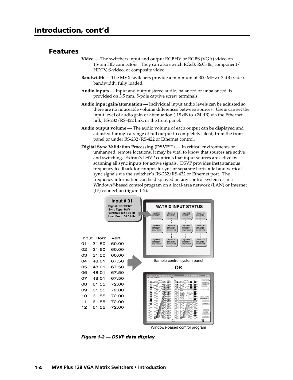 Preliminar y, Introduction, cont’d, Features | Extron electronic VGA MATRIX SWITCHERS MVX PLUS 128 User Manual | Page 14 / 148