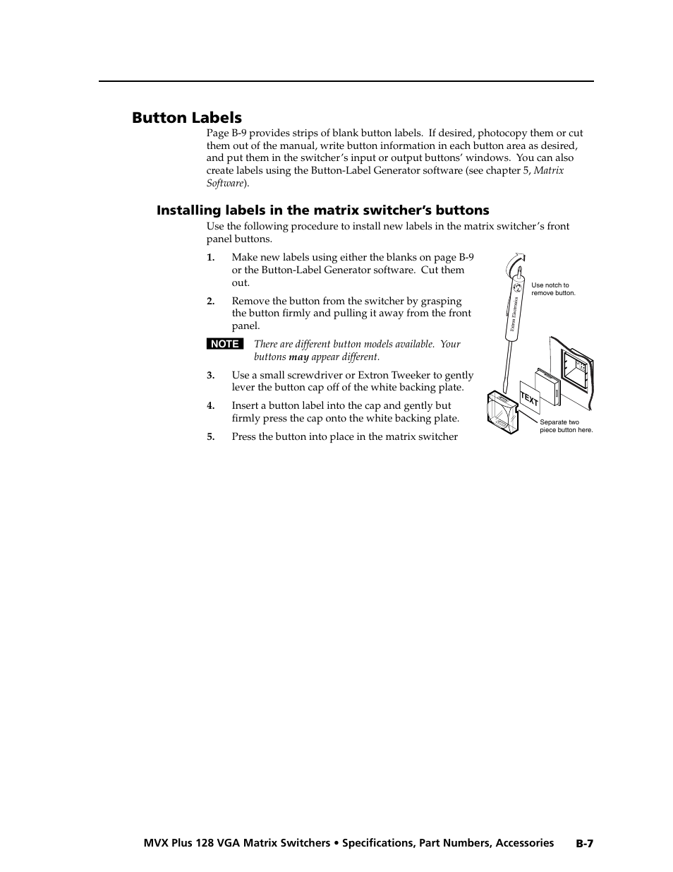 Preliminar y, Button labels | Extron electronic VGA MATRIX SWITCHERS MVX PLUS 128 User Manual | Page 143 / 148