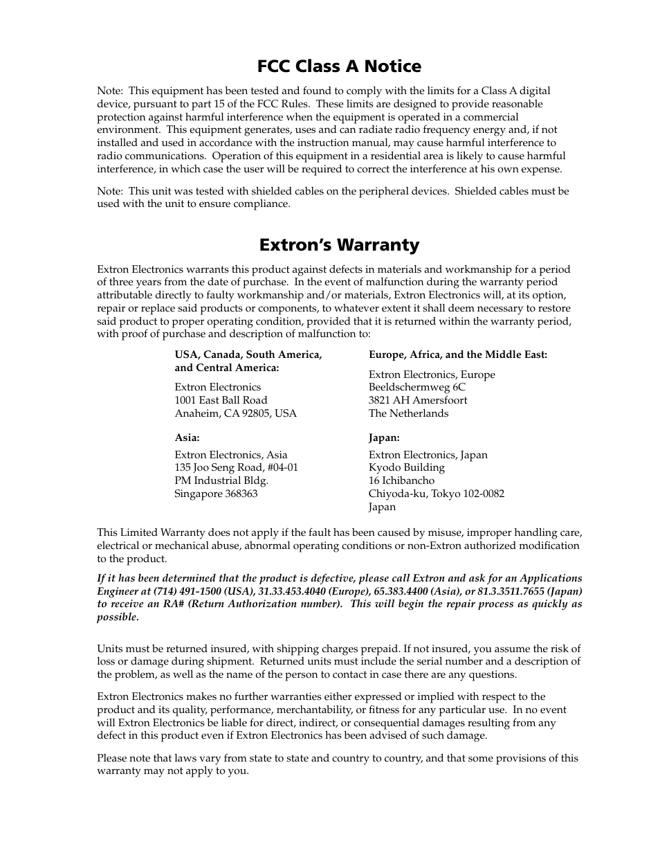 Fcc class a notice, Extron’s warranty | Extron electronic VGA MATRIX SWITCHERS MVX PLUS 128 User Manual | Page 147 / 148